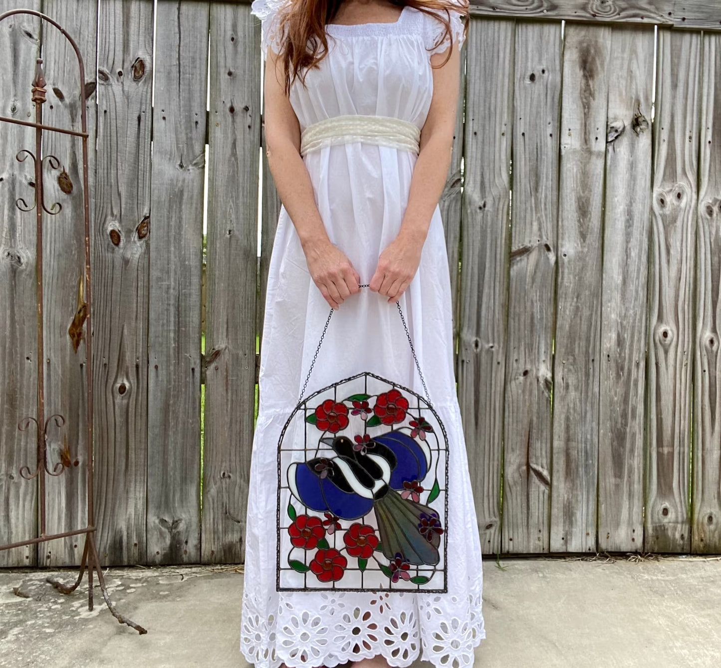 Gothic Floral Magpie Stained Glass Panel