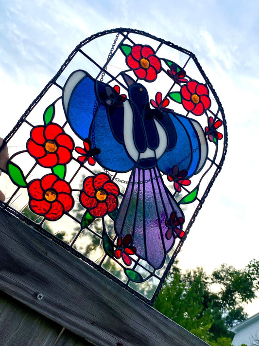 Gothic Floral Magpie Stained Glass Panel